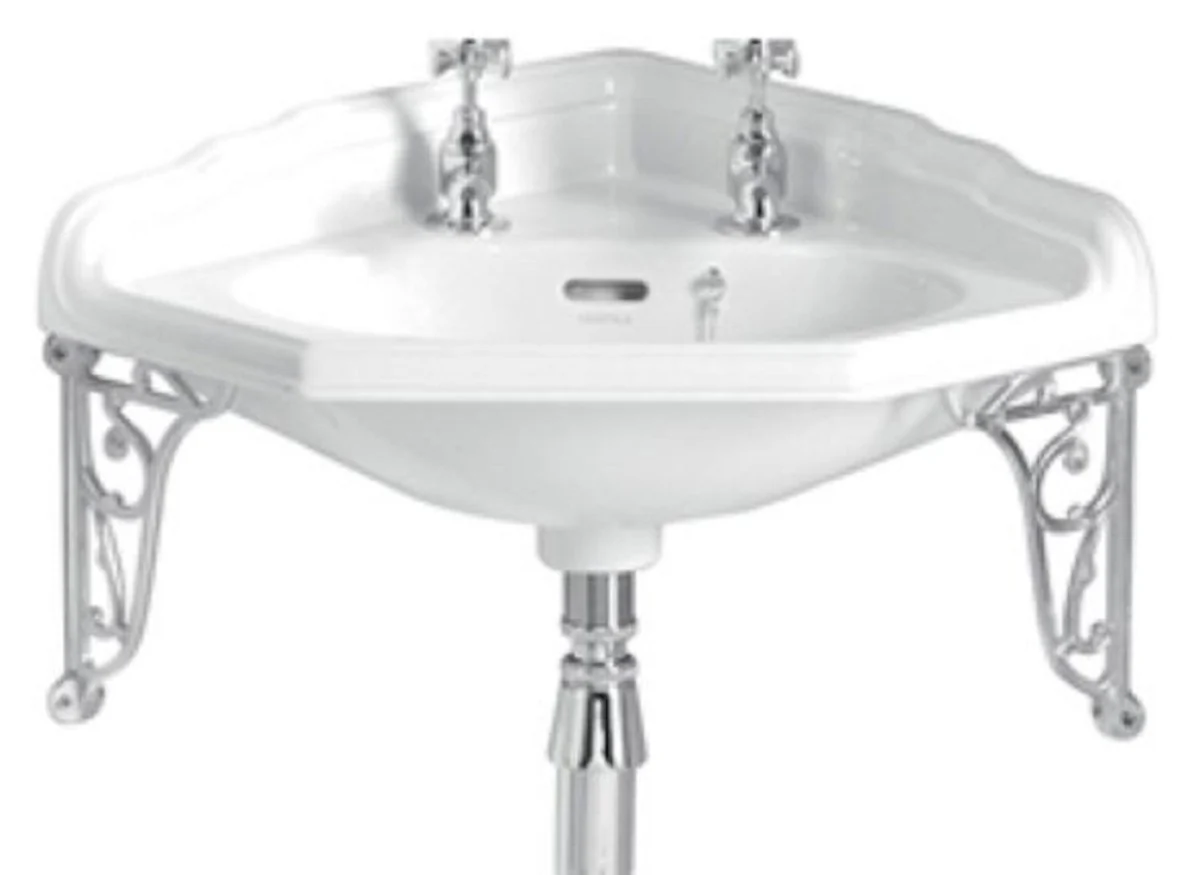 Luxury Art Nouveau corner washbasin white / silver 63.5 x 49.5 x H. 23 cm - Porcelain 2-hole washbasin with wall mount - Bathroom furniture