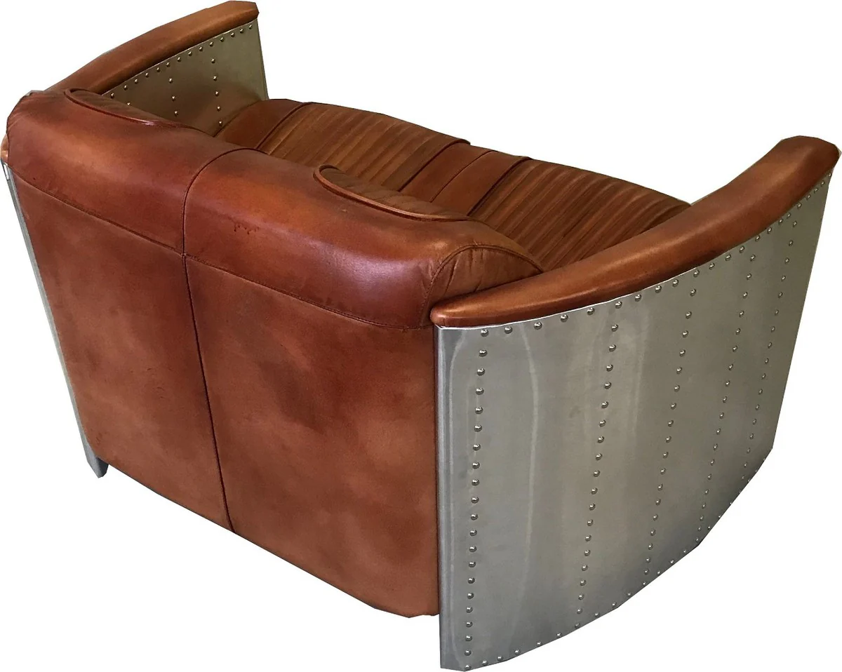 Luxury Art Deco leather sofa 122 x 70 x H. 82 cm - Various colors - Aluminum living room sofa with real leather - Aluminum airplane aviator sofa furniture