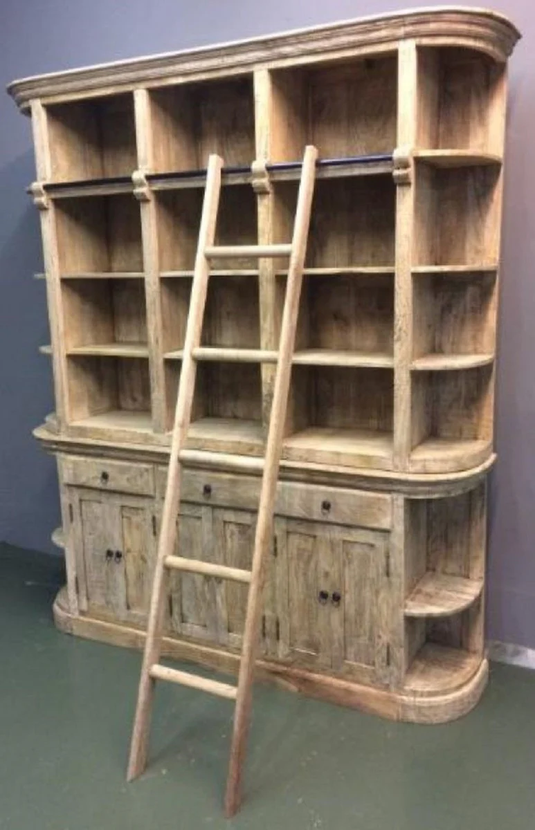 Country house style bookcase with ladder natural colors 200 x 42 x H. 230 cm - solid wood cupboard - shelf cupboard - living room cupboard - office cupboard - country house style furniture