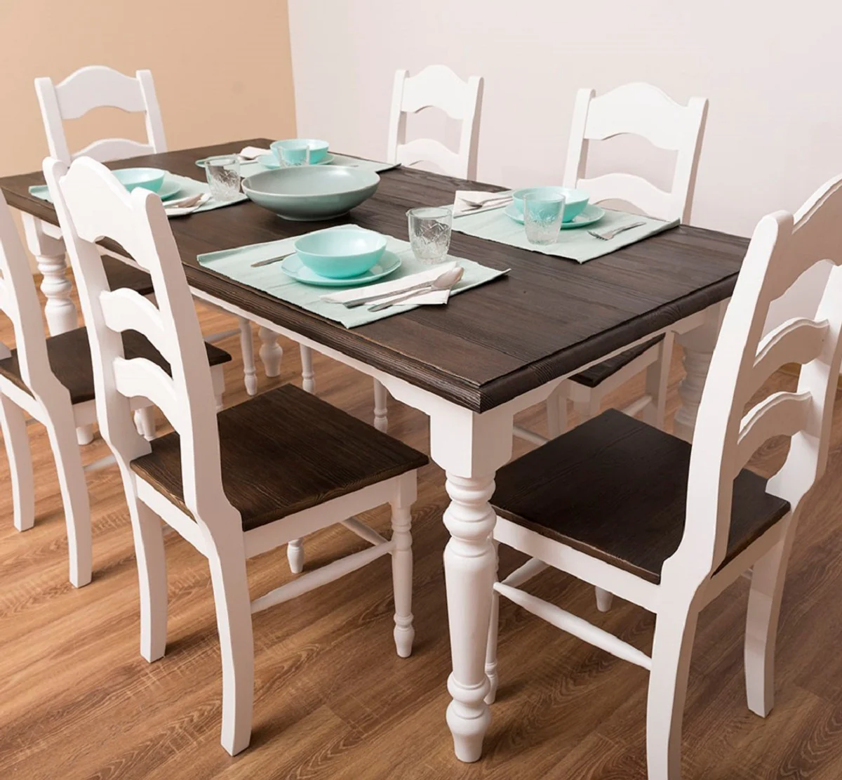 Country house style dining chairs set of 6 white / dark brown 44 x 44 x H. 102 cm - Solid wood dining room chairs in country house style - Solid wood dining room furniture - Country house style dining room furniture