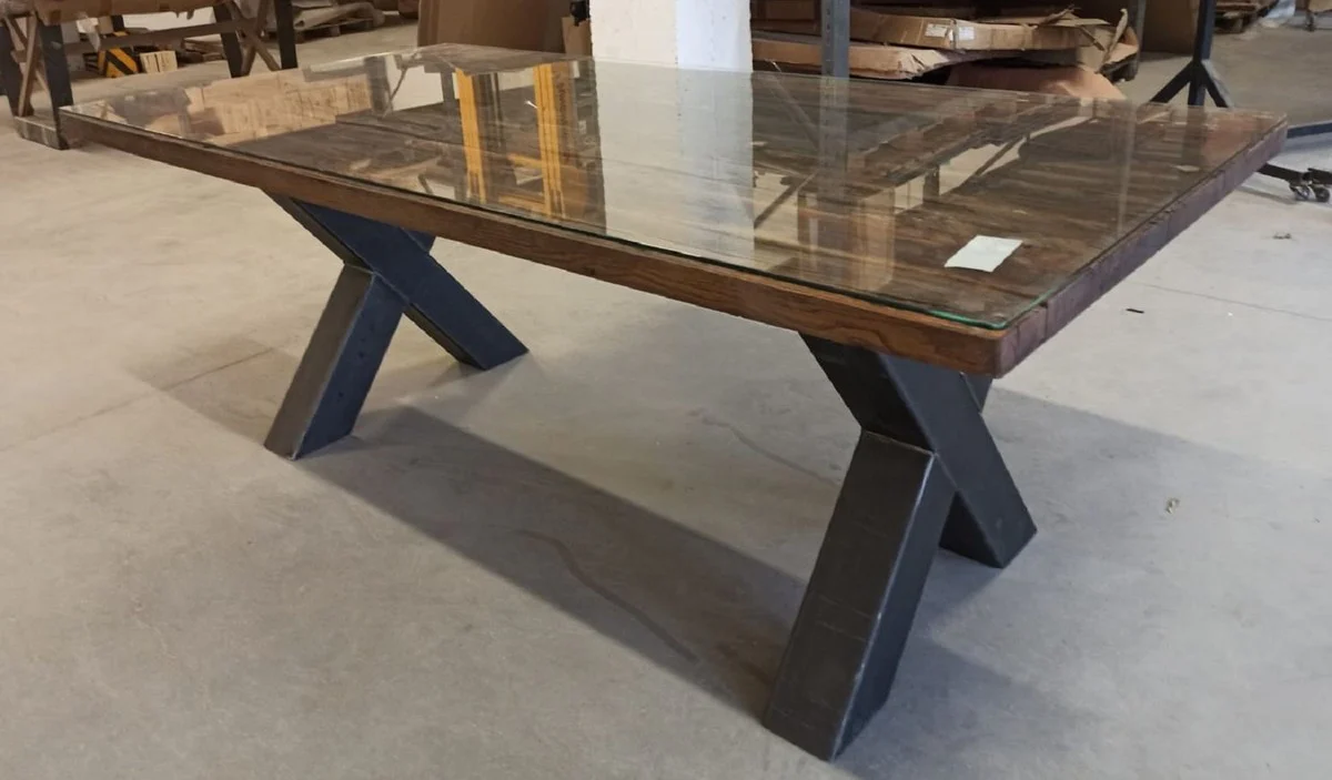 Country house style dining table with glass top brown / black 200 cm - Rustic dining room furniture