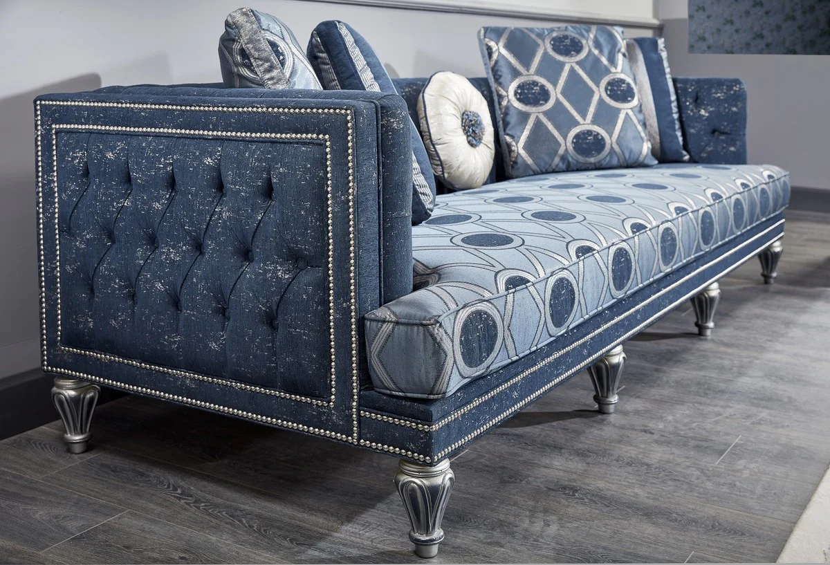 Luxury Baroque Living Room Set Dark Blue / Light Blue / Silver - Sofa & 2 Armchairs & Coffee Table - Baroque Living Room Furniture