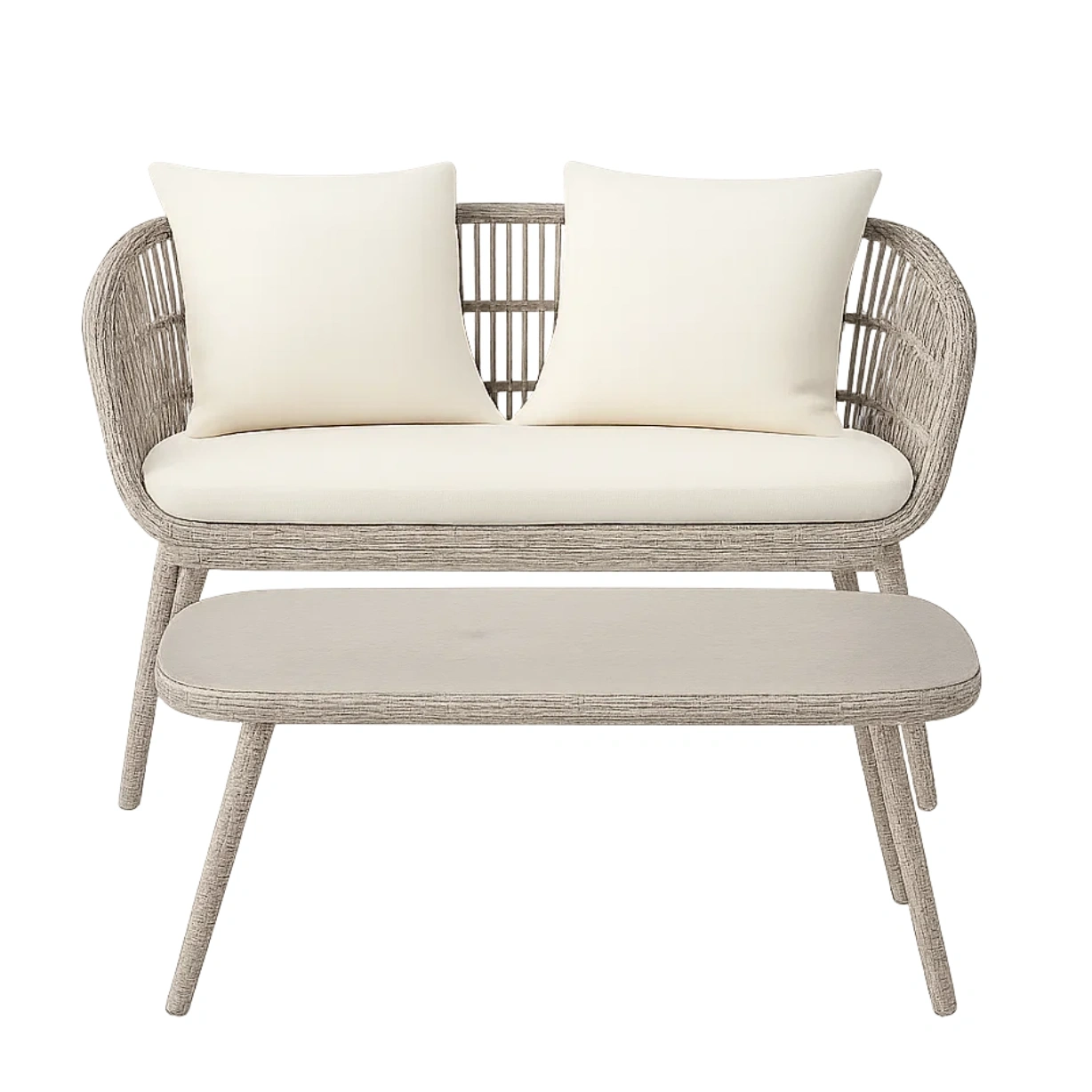Gartenmöbel-Set, 2-Sitzer, Kunstrattan, beige, festes rechteckiges Sofa 120 x 65 x 78 cm, Couchtisch 100 x 40 x 45 cm, für Terrasse, Garten oder Balkon. - hR4cWWHDfdXj