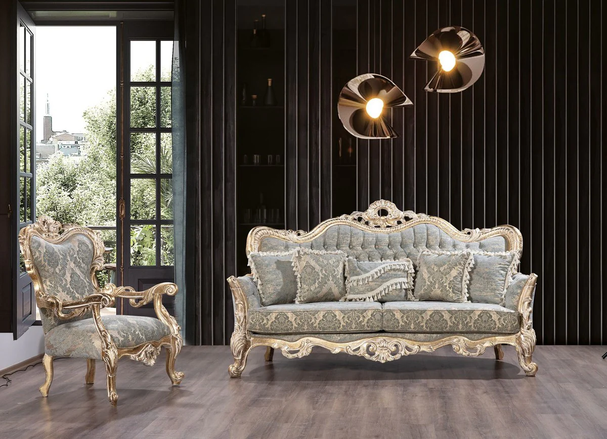 Luxury Baroque Sofa Green / Antique Gold - Baroque Style Living Room Sofa with Elegant Pattern - Luxury Living Room Furniture in Baroque Style - Baroque Furniture - Baroque Furnishings