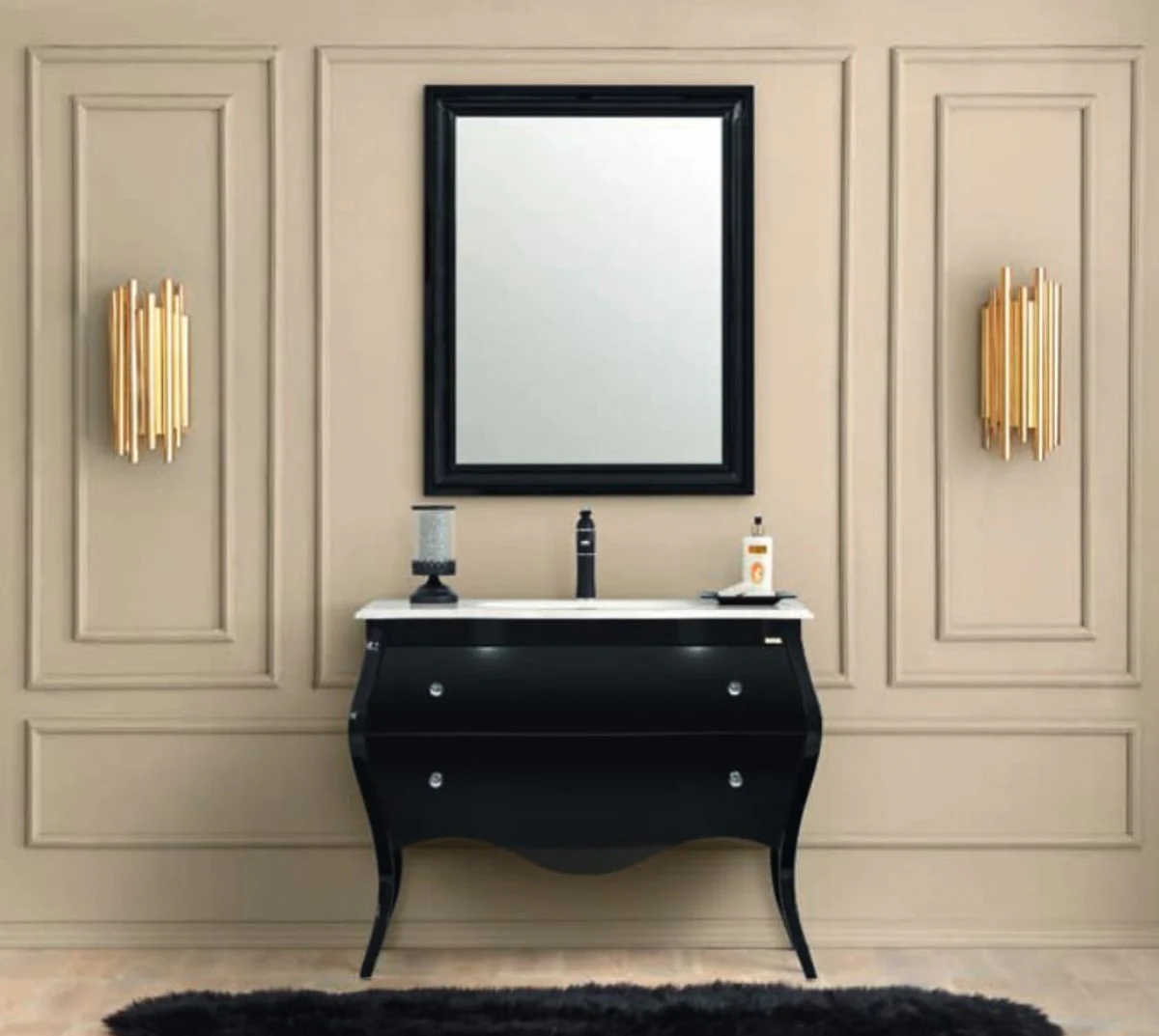 Luxury Baroque Bathroom Set Black / White - 1 Vanity Unit & 1 Wash Basin & 1 Wall Mirror - Bathroom Furniture in Baroque Style