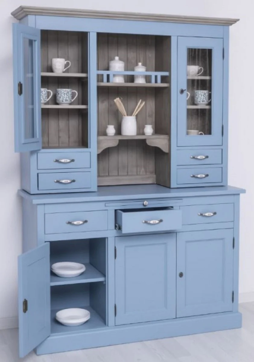 Country house style dining room cabinet light blue / gray 137 x 50 x H. 197 cm - solid wood kitchen cabinet - dining room furniture in country house style - country house style dining room furnishings
