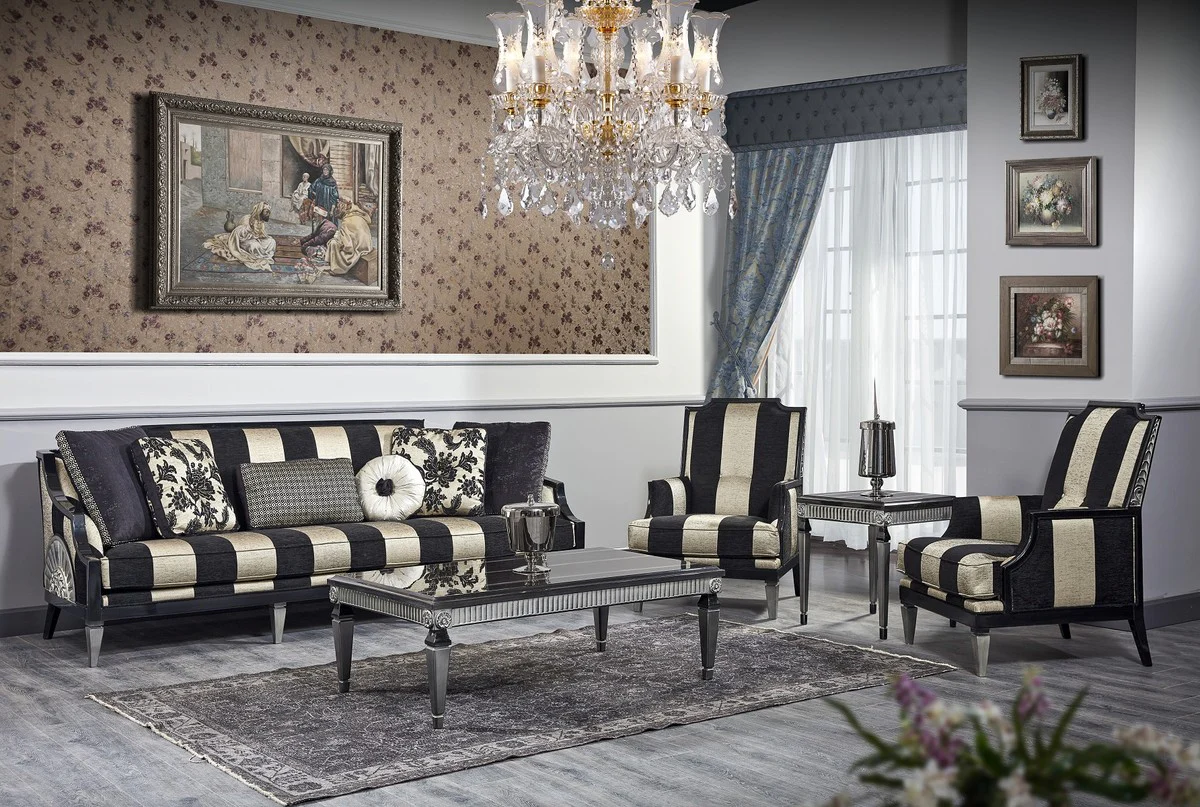 Luxus Barock Wohnzimmer Set Schwarz / Gold / Silber - 1 Sofa & 2 Sessel & 1 Couchtisch & 1 Beistelltisch - Barockmöbel