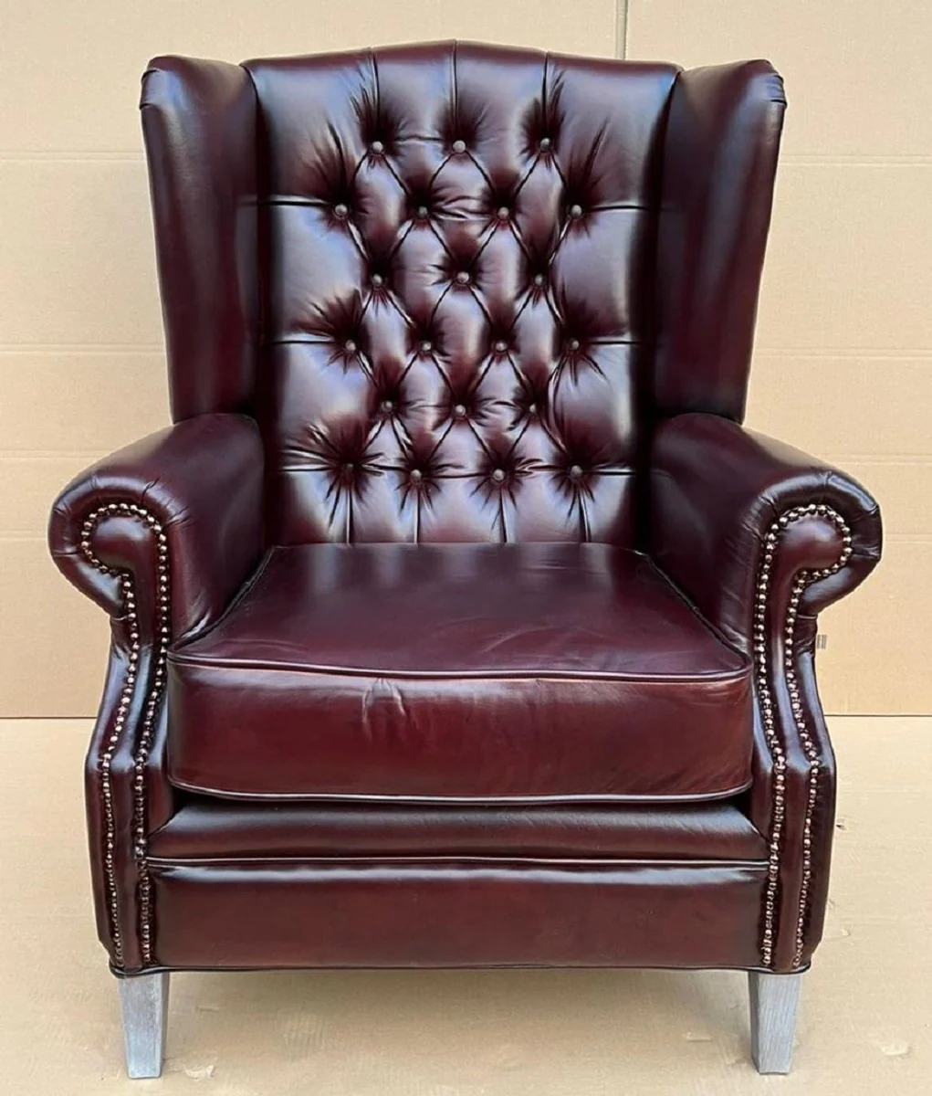 Luxury Chesterfield wing chair wine red / gray 90 x 90 x H. 110 cm - genuine leather Chesterfield living room armchair - living room furniture - Chesterfield furniture - luxury furniture