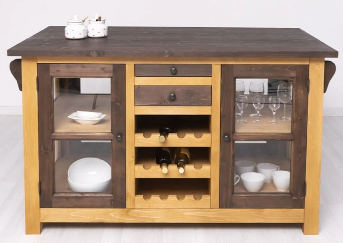 Country house style kitchen island brown / natural colors 150 x 90 x H. 90 cm - solid wood kitchen cabinet - country house style solid wood kitchen furniture - solid wood dining room furniture in country house style