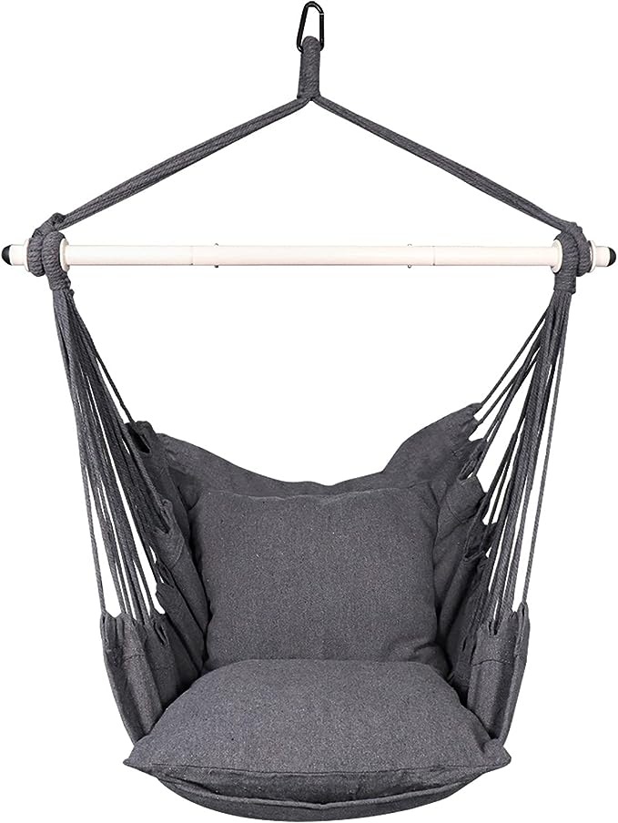 Highwild Hammock Chair Hanging Rope Swing - Max 500 Lbs - 2 Cushions Included - Steel Spreader Bar with Anti-Slip Rings - for all indoor or outdoor spaces