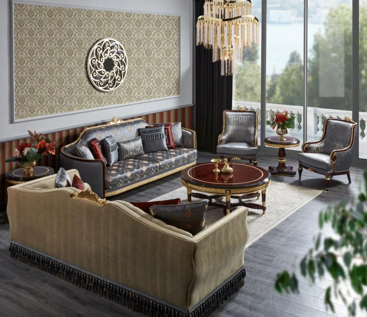 Luxury Baroque Sofa Blue / Dark Brown / Gold - Magnificent Living Room Sofa - Baroque Style Living Room Furniture - Luxury Furniture in Baroque Style - Baroque Furnishings - Noble & Magnificent