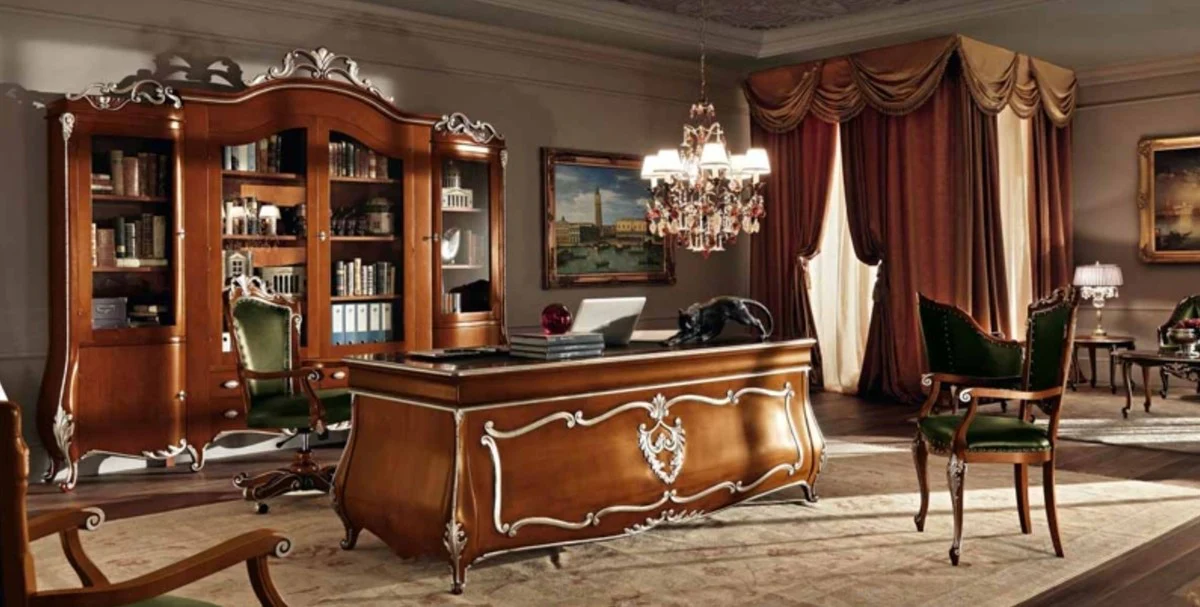 Luxury baroque cabinet with 4 glass doors brown / silver - solid wood shelf cabinet - bookcase - living room cabinet - office cabinet - baroque furniture - luxury quality - Made in Italy