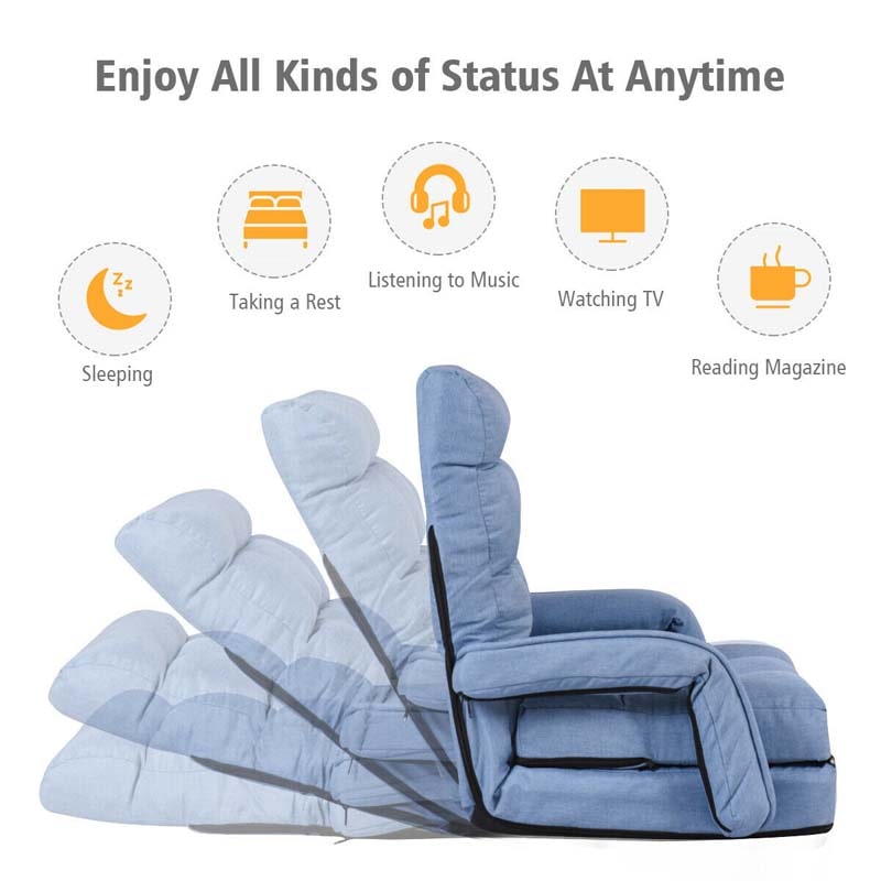 Foldable Massage Floor Chair Recliner, Single Lazy Sofa with Ergonomic Armrest, Adjustable 5 Backrest Position & Detachable Mat