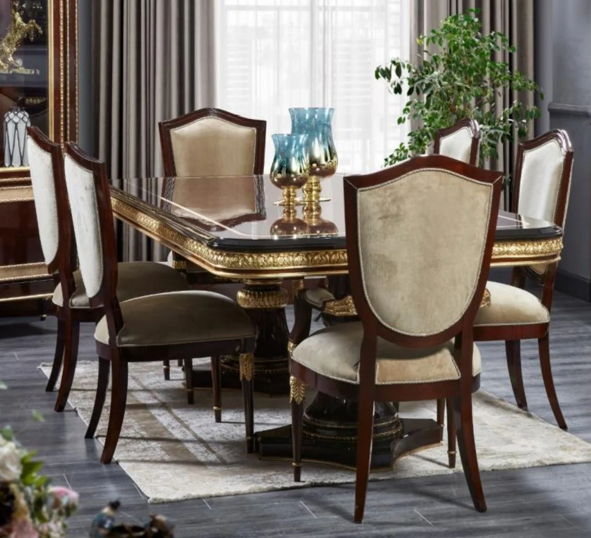 Luxury Baroque Dining Room Set Dark Brown / Gold - 1 Baroque Dining Table & 8 Baroque Dining Chairs - Luxury Dining Room Furniture in Baroque Style - Baroque Furniture - Noble & Magnificent