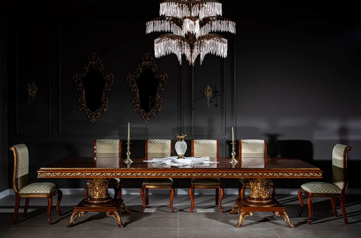 Luxury Baroque Dining Room Chair Set Gold Pattern / Brown / Gold 50 x 55 x H. 105 cm - Noble Kitchen Chairs Set of 6 - Baroque Dining Room Furniture