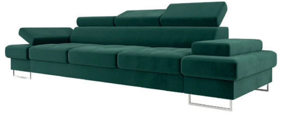 Luxury velvet sofa green / silver 305 x 97 x H. 74-95 cm - living room sofa with adjustable headrests - living room furniture - luxury furniture - luxury furnishings