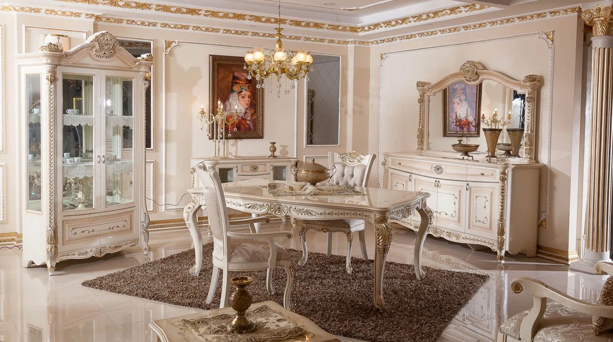Luxury Baroque Dining Table White / Beige / Gold - Rectangular Baroque Style Kitchen Table - Luxury Dining Room Furniture in Baroque Style - Baroque Dining Room Furniture - Baroque Furnishings