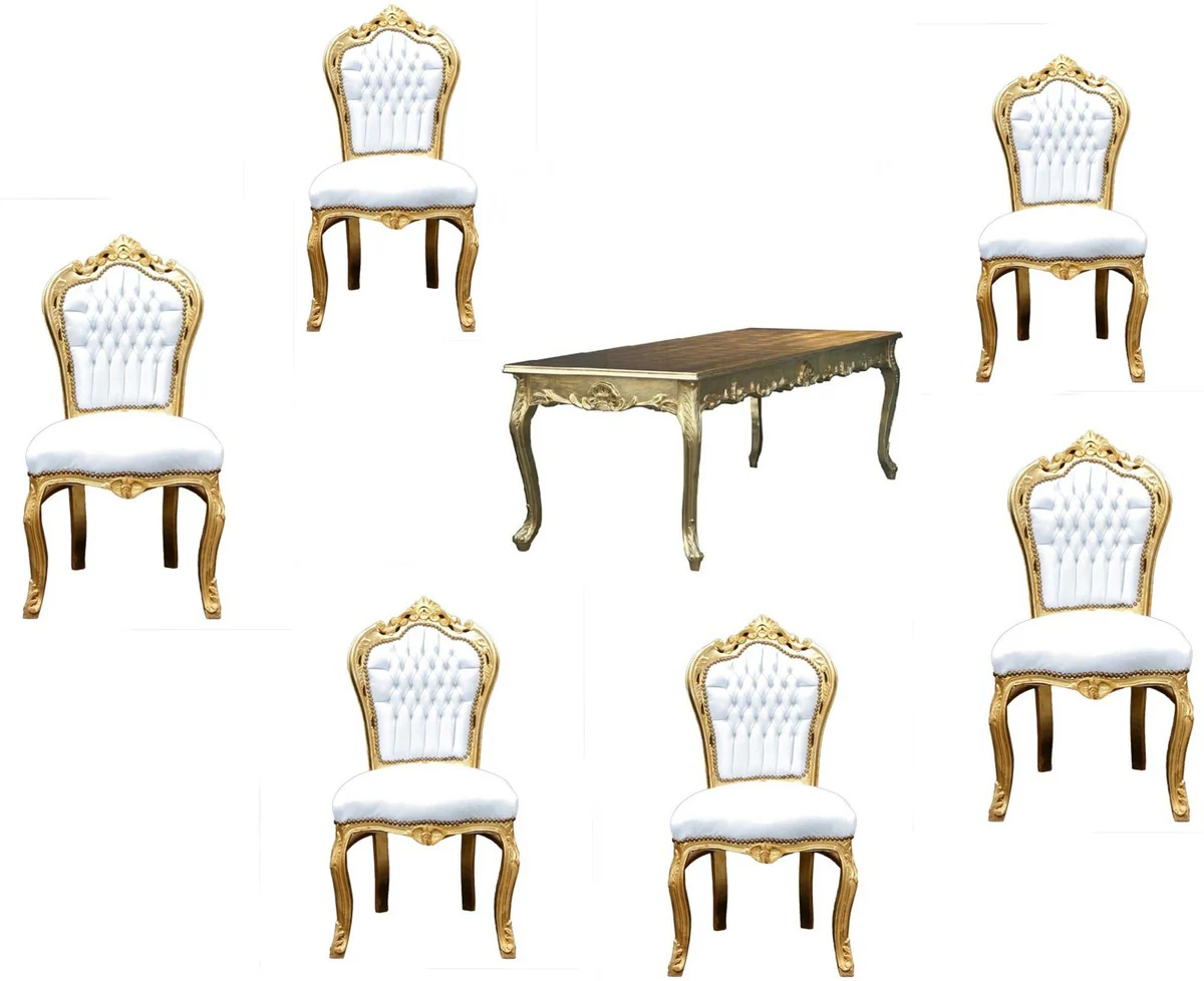 Baroque dining room set gold/white - dining table + 6 chairs without armrests