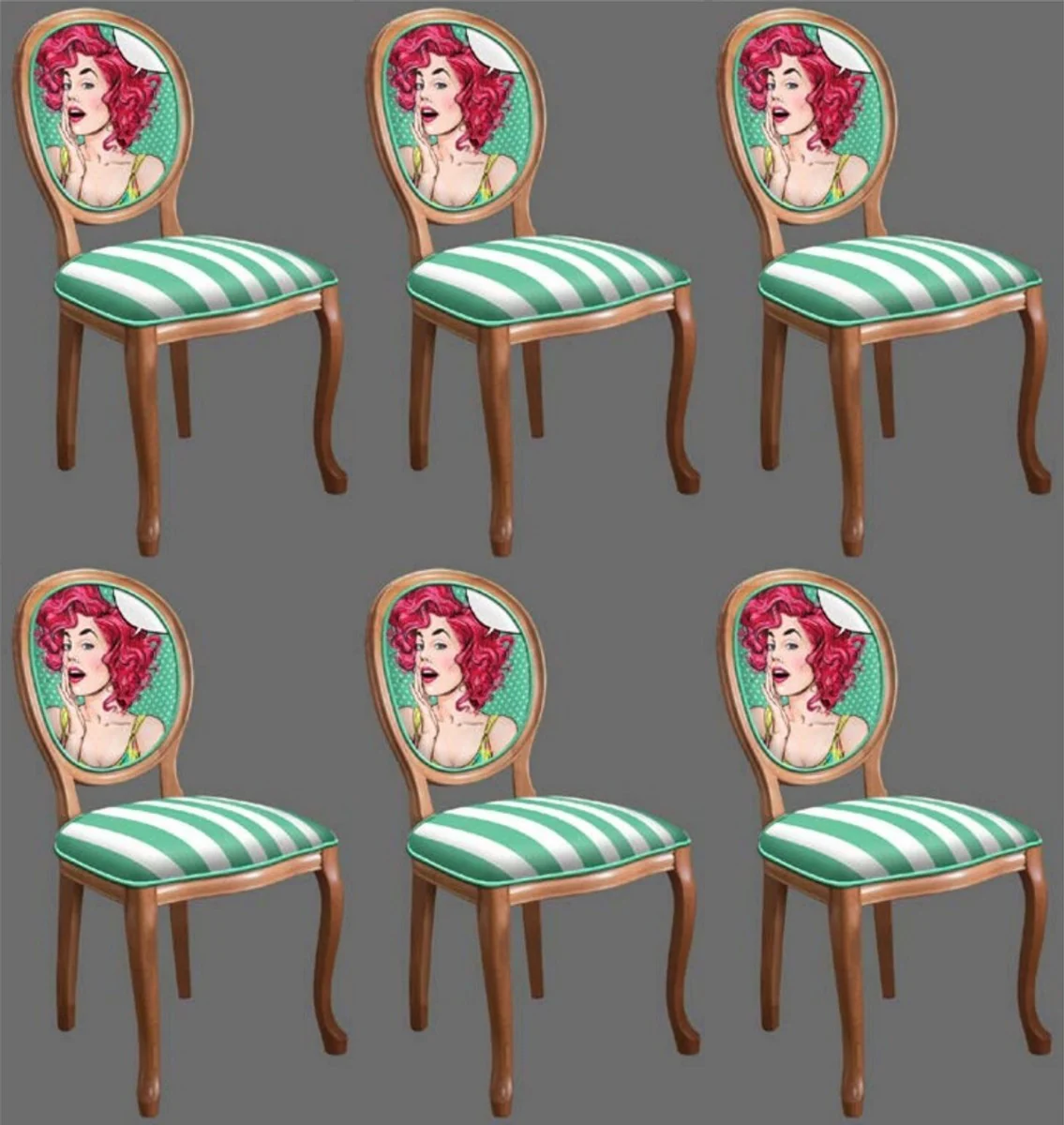 Baroque Dining Room Chair Set Green / White / Multicolored / Brown - 6 Handmade Kitchen Chairs in Baroque Style - Baroque Dining Room Furniture