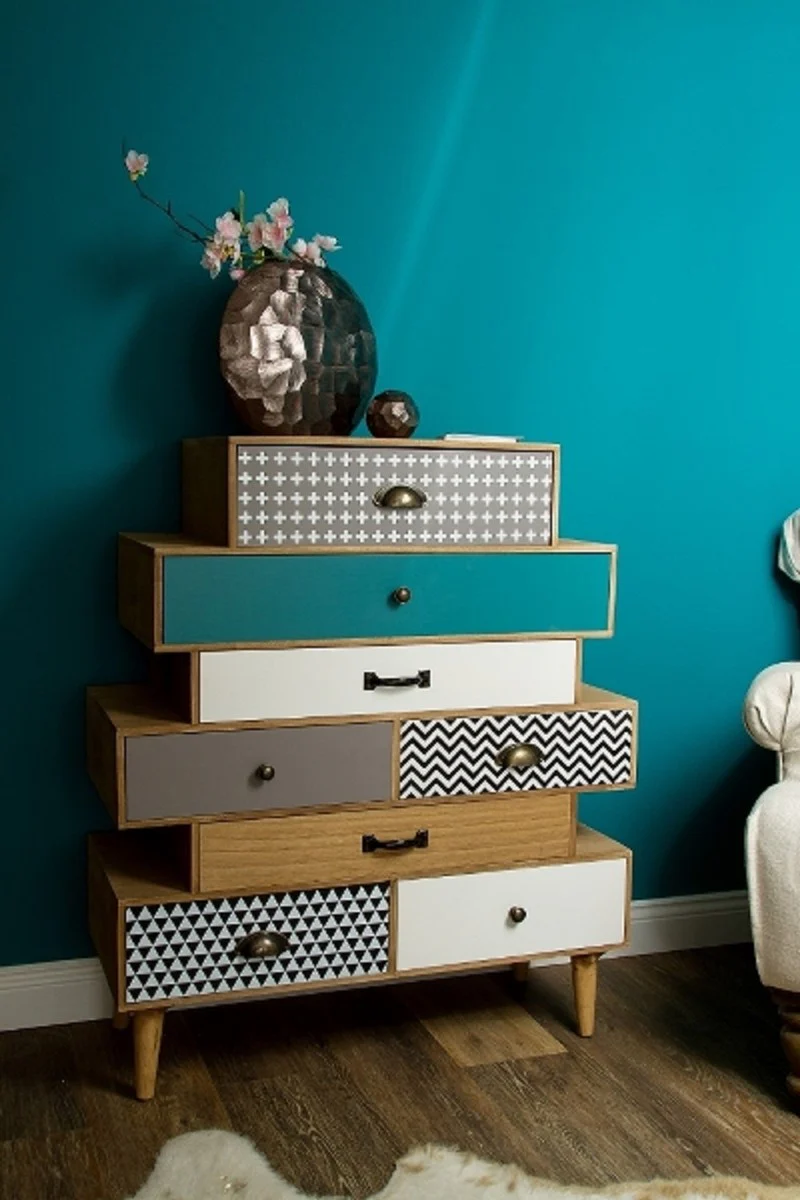 Luxury chest of drawers with 8 drawers light brown / multicolored 94 x 34 x H. 84 cm - chest of drawers in 70s design