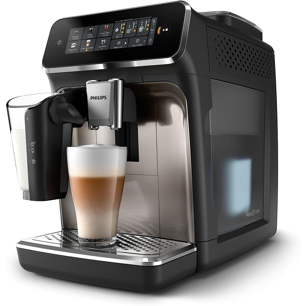 Philips 3300 Serie Vollautomatische Espressomaschine - 6 Getränke, Modern Colour Touch Screen Display, LatteGo Milk System, SilentBrew, 100% Keramikschleifer, AquaClean Filter, Schwarz Chrom (EP3347/90)