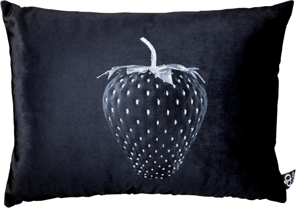 Luxus Deko Kissen Strawberry mit Bling Bling Glitzersteinen Schwarz / Silber 35 x 55 cm - Feinster Samtstoff - Luxus Deko Accessoires