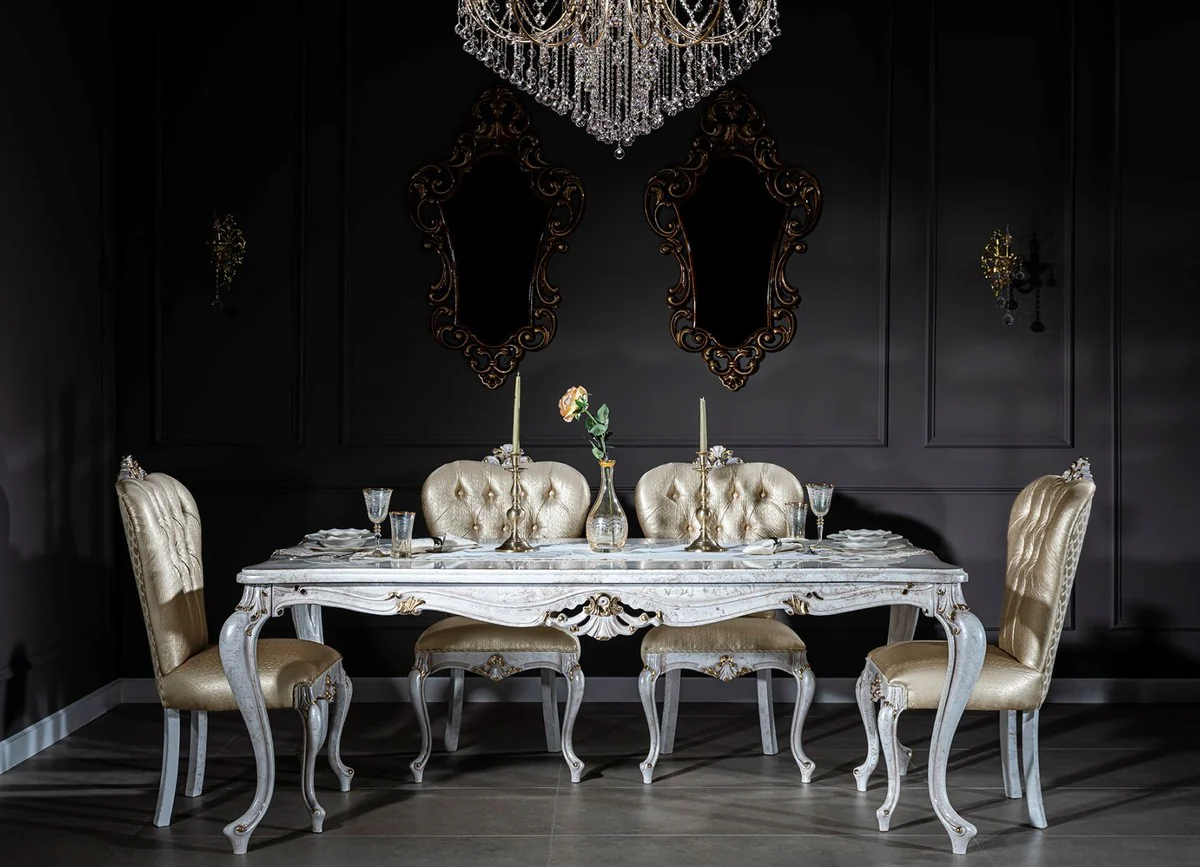 Luxury Baroque Dining Room Set Gold / Antique White - 1 Dining Table & 6 Dining Chairs - Dining Room Furniture in Baroque Style - Noble & Magnificent