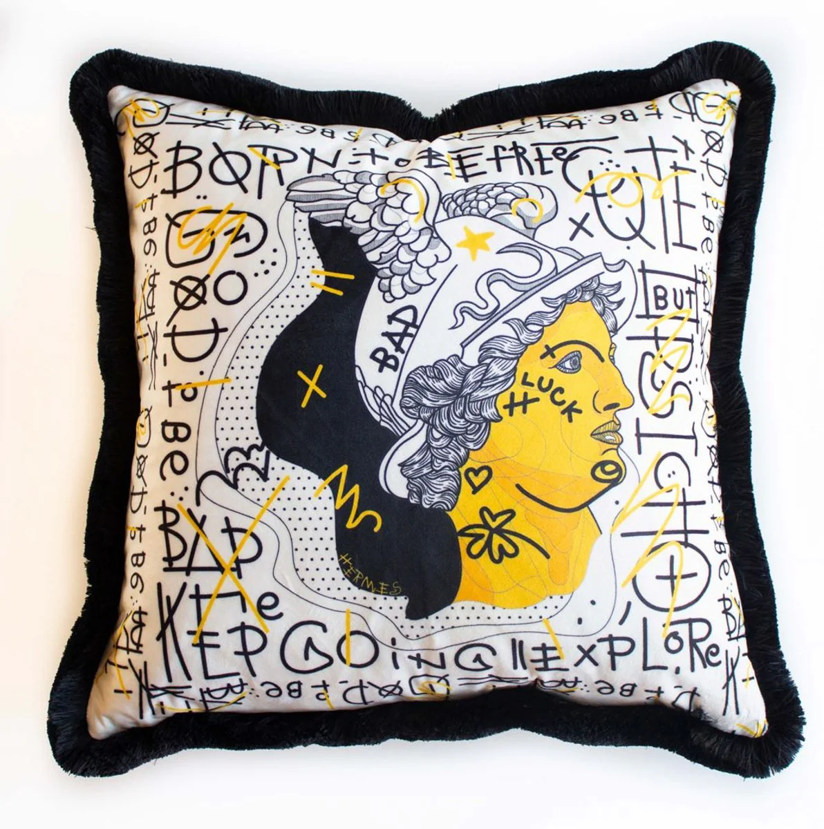 Luxury decorative cushion white / yellow / black 45 x 45 cm - printed velvet cushion with fringes - luxury decorative accessories