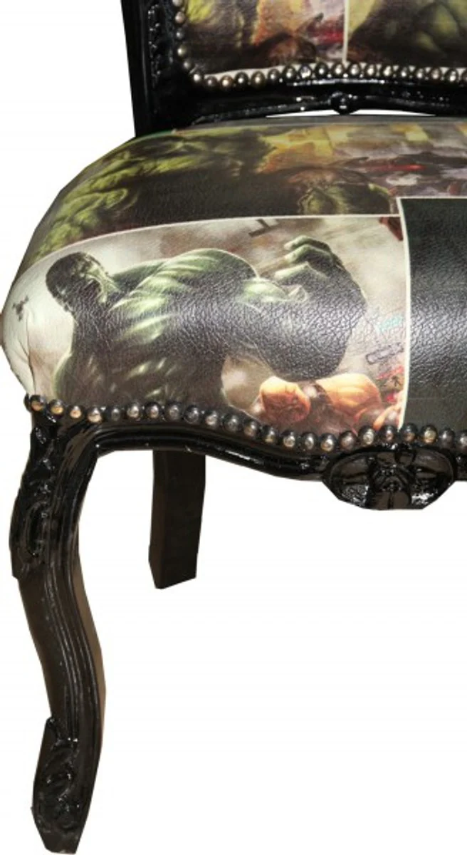 Baroque Dining Room Chair Comic Design / Black Leather Look Furniture Antique Style - Limited Edition!