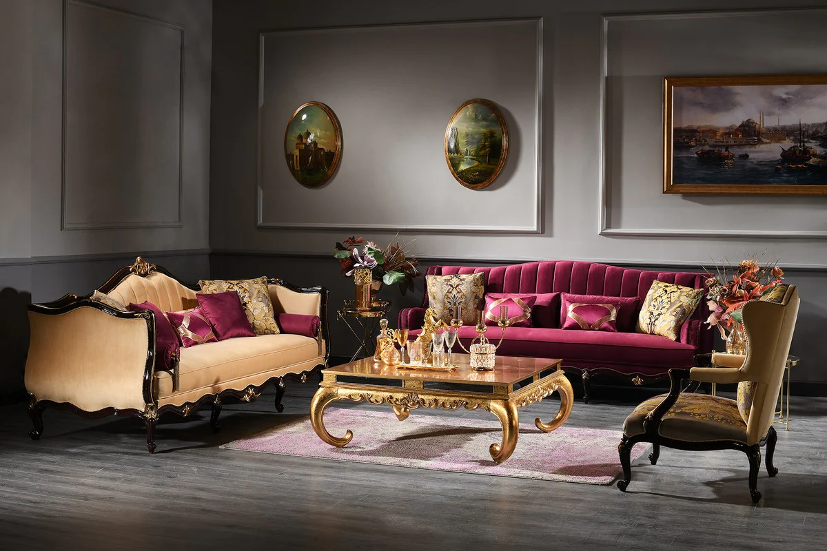 Luxus Barock Wohnzimmer Set - 2 Sofas & 2 Sessel & 1 Couchtisch - Barock Möbel - Edel & Prunkvoll - Luxus Qualität - Made in Italy