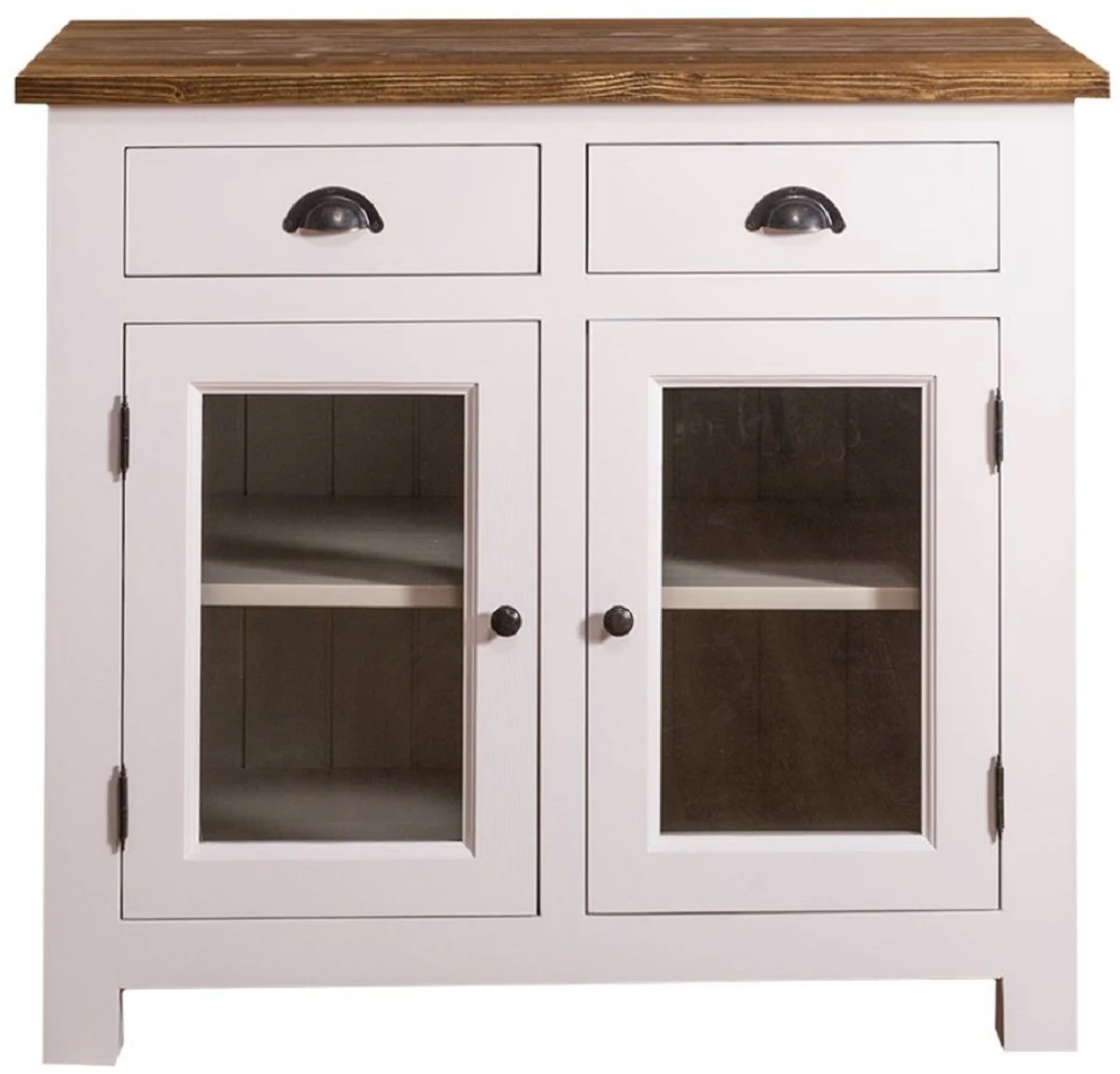 Country house style kitchen cabinet with 2 glass doors and 2 drawers white / gray / brown 100 x 65 x H. 90 cm - kitchen furniture in country house style