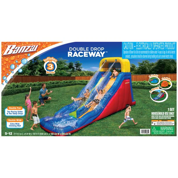 BANZAI Double Drop Raceway, großes aufblasbares Wasserpark-Spielzentrum – Dual-Racing-Wasserrutschen und Kletterwand – Sommerspaß im Freien für Kinder und Familien