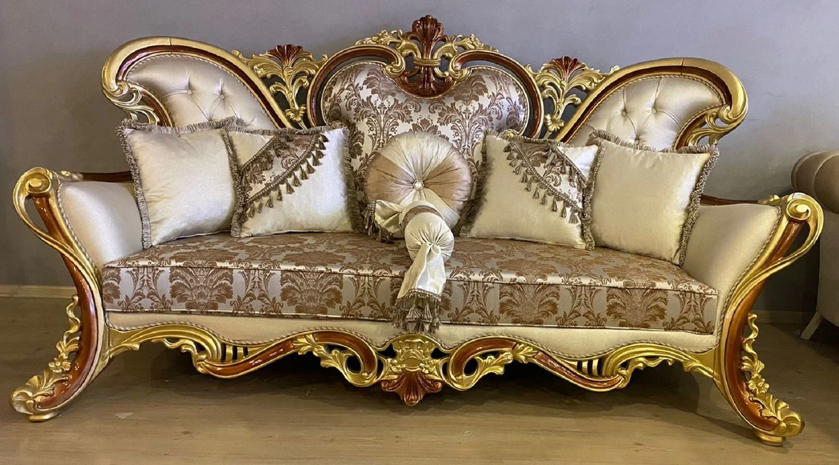 Luxury Baroque Sofa Cream / Silver / Brown / Gold / Brown - Magnificent Living Room Sofa - Baroque Style Living Room Furniture - Luxury Furniture in Baroque Style - Magnificent Baroque Furniture