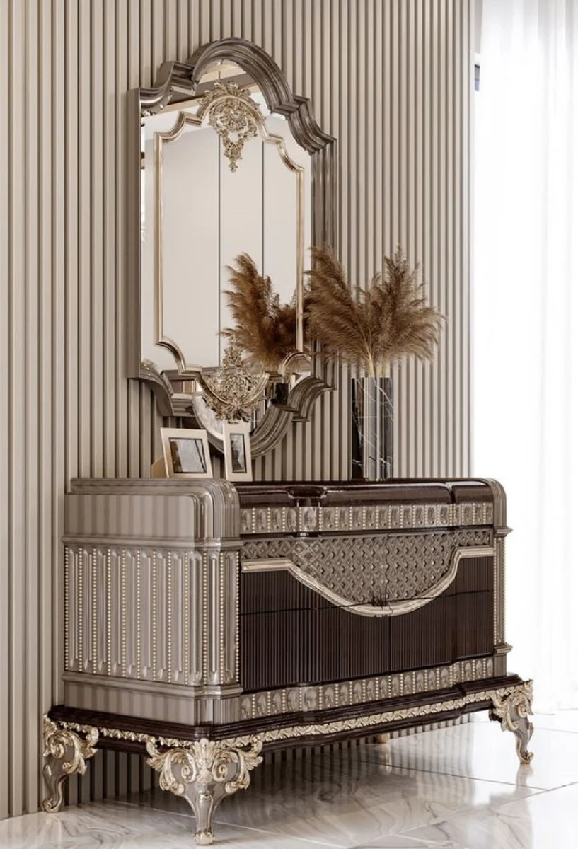 Luxury baroque chest of drawers with wall mirror dark brown / gray / gold