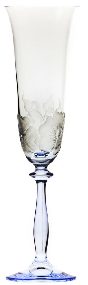 Luxury Baroque Champagne Glass Set of 6 Blue Ø 7 x H. 24.5 cm - Handmade and hand-engraved champagne glasses with flower design - Hotel & Restaurant Accessories