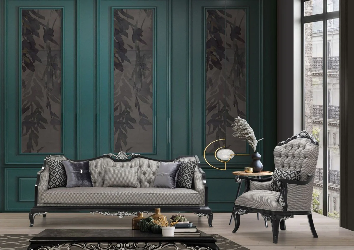 Luxury Baroque Sofa Silver / Black - Living Room Sofa in Baroque Style - Baroque Living Room Furniture - Noble & Magnificent