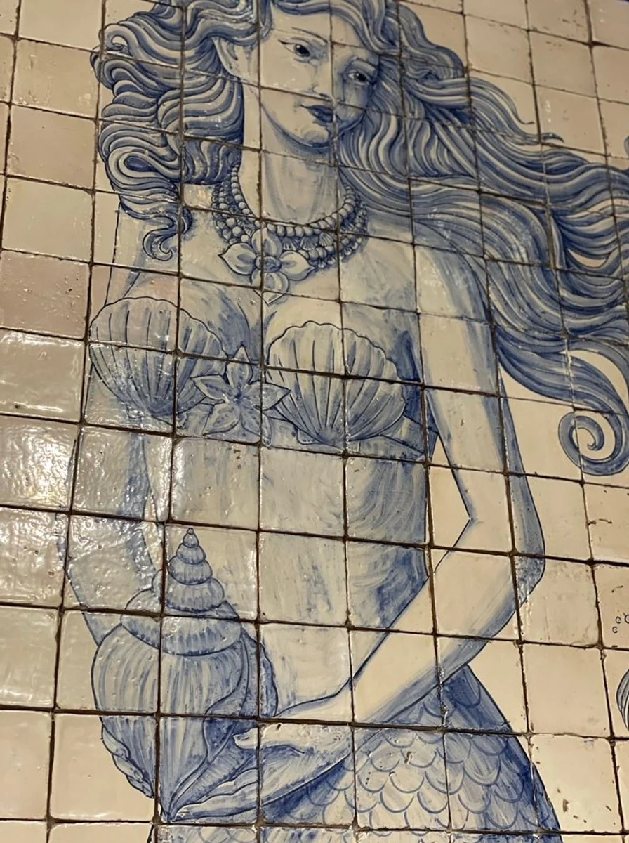 Luxus Barock Wandgemälde Meerjungfrau Creme / Blau H. 280 cm - Barock Wanddeko