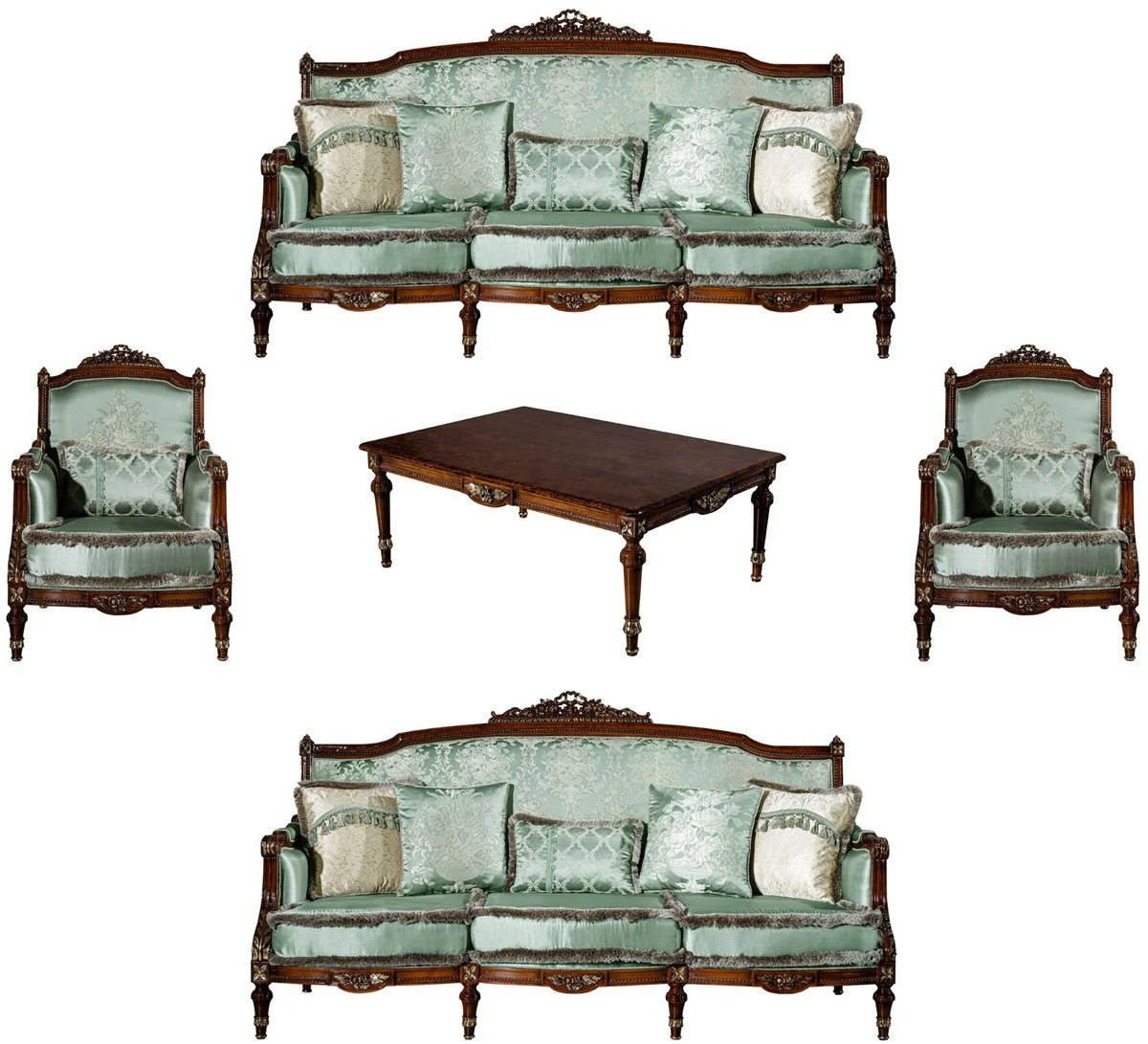 Luxus Barock Wohnzimmer Set Hellgrün / Braun - 2 Sofas & 2 Sessel & 1 Couchtisch - Prunkvolle Wohnzimmer Möbel im Barockstil