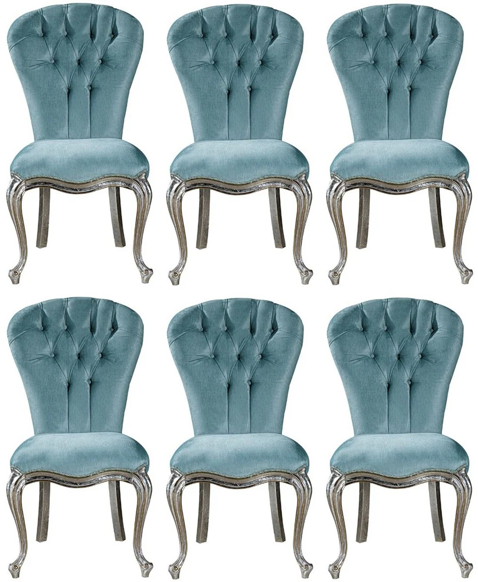Luxury Baroque Dining Room Chair Set Light Blue / Silver 55 x 55 x H. 107 cm - Kitchen Chairs Set of 6 - Noble Baroque Dining Room Furniture