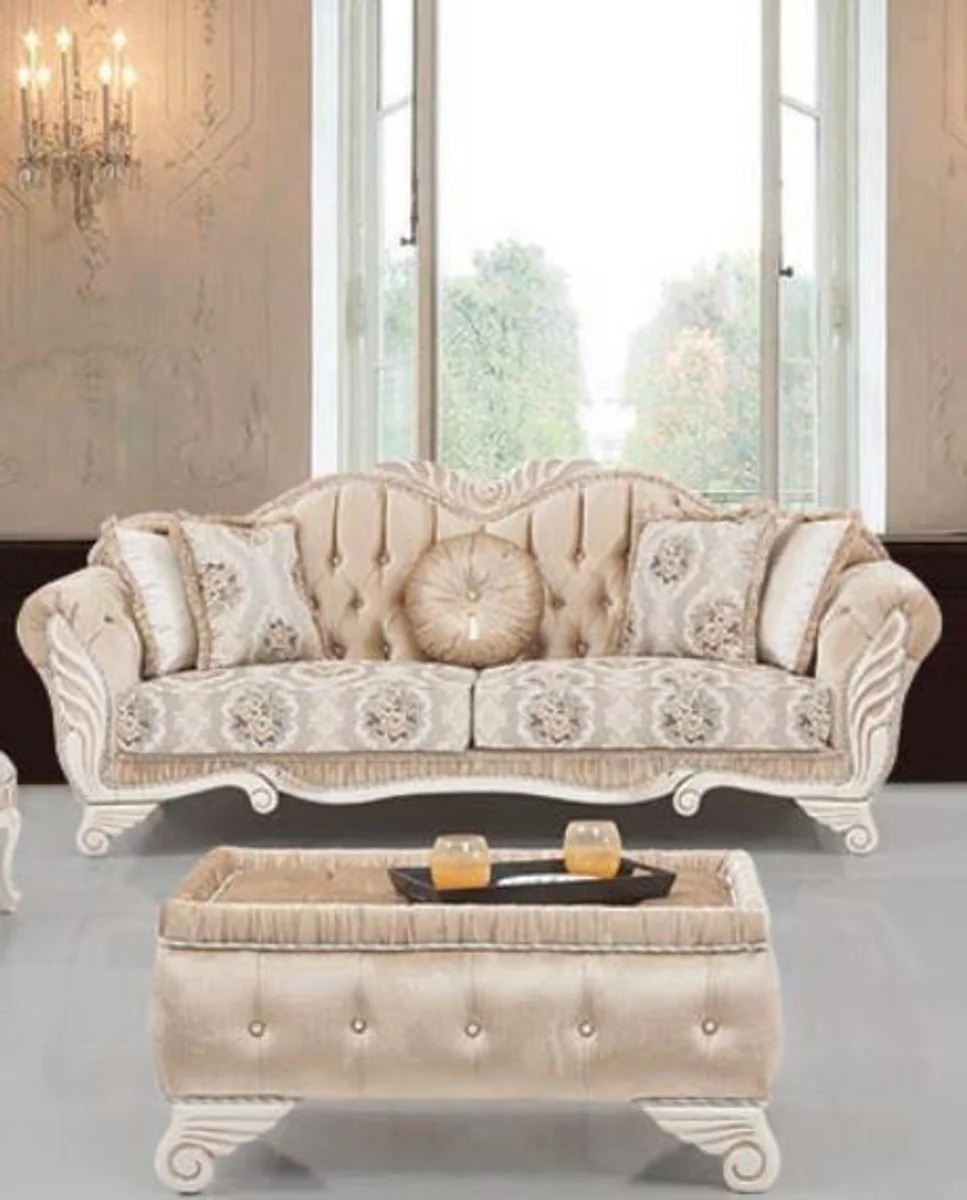 Luxury baroque sofa beige / white 230 x 88 x H. 96 cm - living room sofa with floral pattern and decorative pillows - baroque furniture