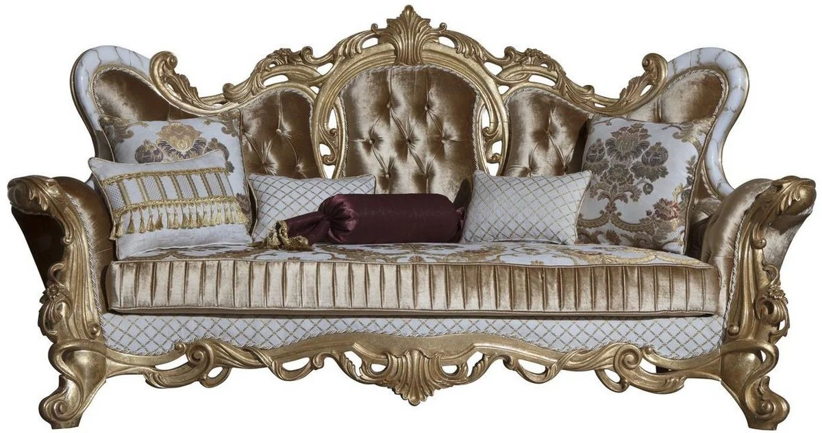Luxury baroque sofa gold / white / gold 248 x 108 x H. 122 cm - living room sofa with elegant pattern and decorative pillows - magnificent baroque furniture