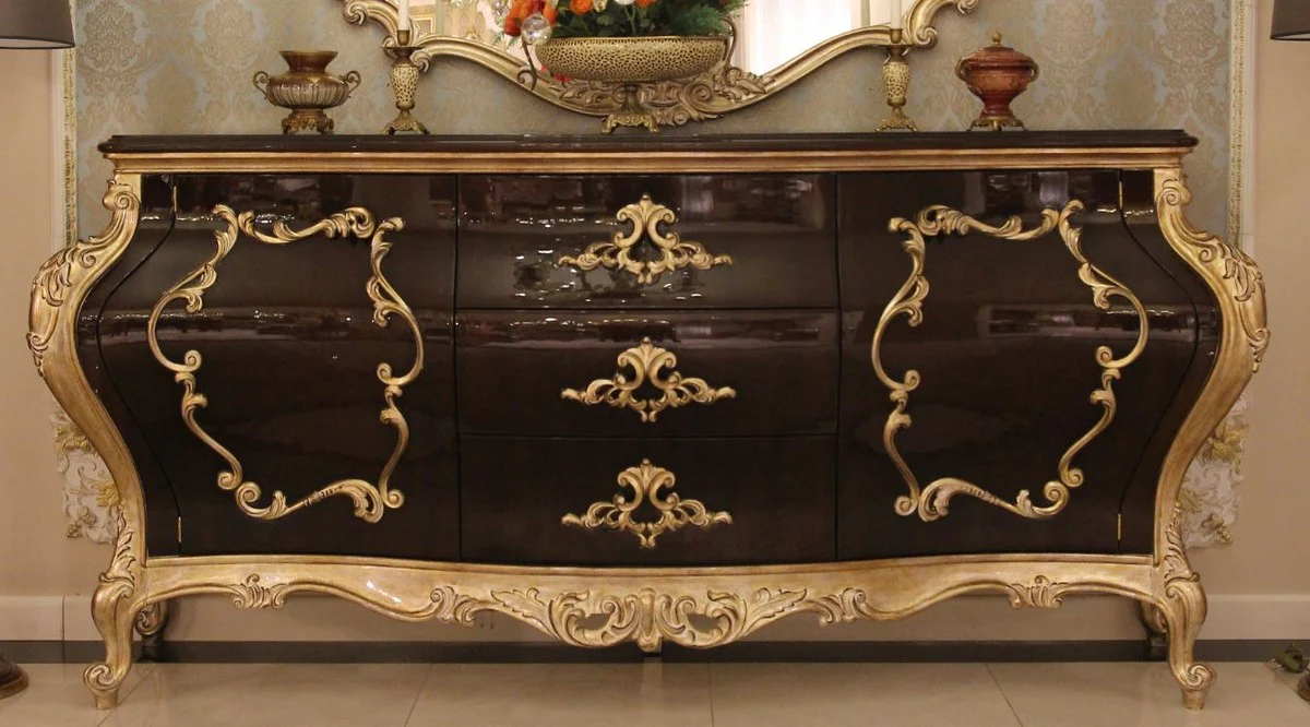 Luxury baroque chest of drawers dark brown / gold 243 x 60 x H. 115 cm - Magnificent solid wood cabinet with 2 doors and 3 drawers - Noble baroque furniture
