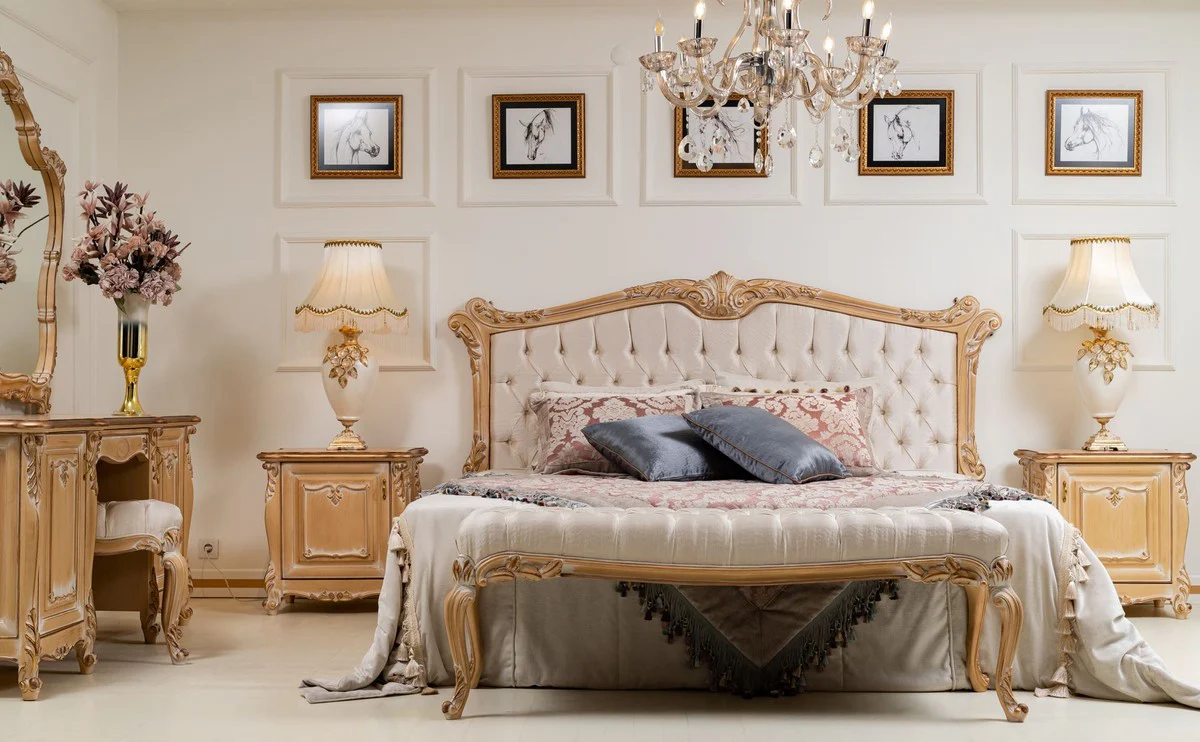 Luxury baroque double bed cream / gold - noble solid wood bed with headboard - magnificent bedroom furniture in the baroque style