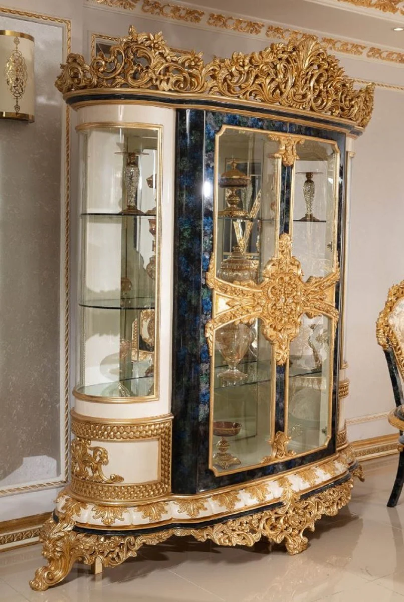 Luxury baroque display cabinet white / blue / gold - magnificent solid wood display cabinet with 2 glass doors - baroque furniture - noble and magnificent