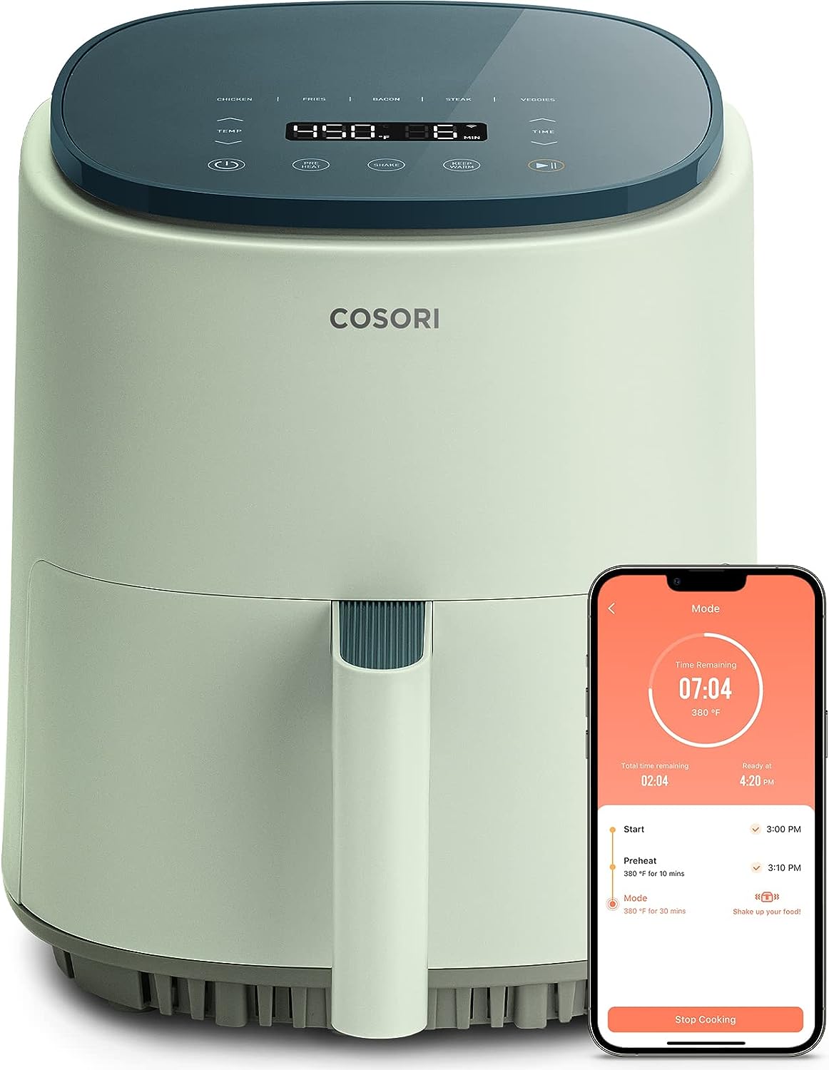 COSORI Air Fryer 4 Qt, 7 Kochfunktionen Airfryer, 150+ Rezepte auf Free App, 97% weniger Fett Freidora de Aire, Geschirrspüler-sicher, für 1-3 Personen, Lite 4.0-Quart Smart Air Fryer, Sage Green