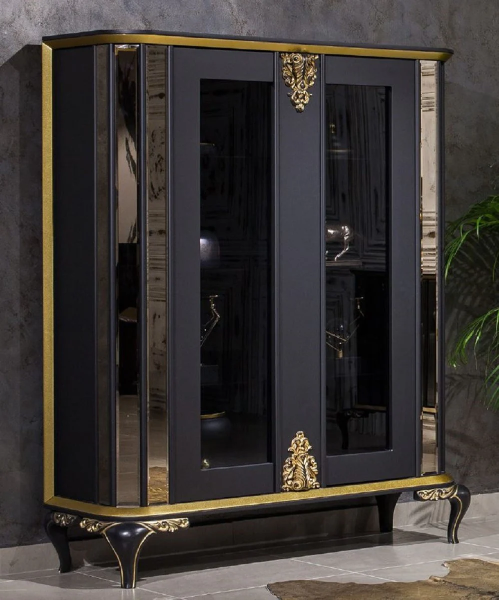 Luxury baroque display cabinet black / gold - mirrored solid wood display cabinet with 2 doors - magnificent baroque furniture