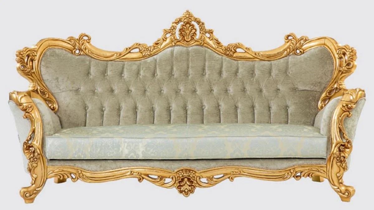 Luxury Baroque Sofa Green / Gold 250 x 100 x H. 125 cm - Handmade Living Room Sofa with Elegant Pattern - Baroque Living Room Furniture - Noble & Magnificent