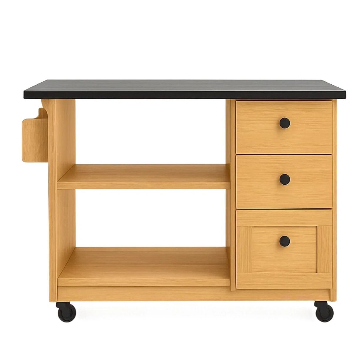 Rechteckige Kücheninsel mit Regalen und Schubladen, Naturholz-Finish, mit Rollen, 120 x 60 x 90 cm, für private Küchen. - zydIcYLoR87O