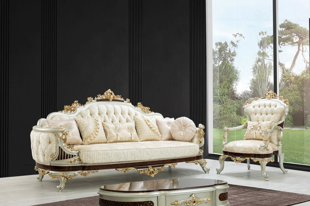 Luxury baroque sofa cream / beige / dark brown / silver / gold 260 x 90 x H. 125 cm - magnificent baroque style living room sofa with elegant pattern - baroque furniture