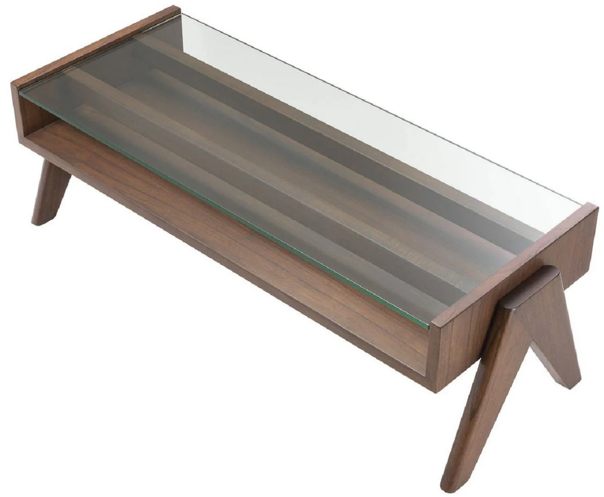 Luxury coffee table brown 120 x 46 x H. 39.5 cm - Rectangular solid wood living room table with glass top - Luxury living room furniture